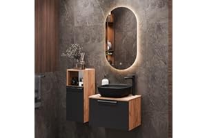 ‎PLANETMÖBEL Planetmöbel Astra Badmöbel Set mit Waschtisch 60 cm mit 1x Midischrank Gold Eiche Anthrazit, Aufsatzwaschbecken 42 cm schwarz, Spiegel (mit LED) 50cm