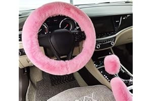 IXITON Universal Épaississement Faux Fourrure Hiver Chaud Fluffy Furry Fuzzy Housses de Volant de Voiture+Couvercles de Changement de Vitesse+Couvre Frein à main-3pcs/set (Pink)