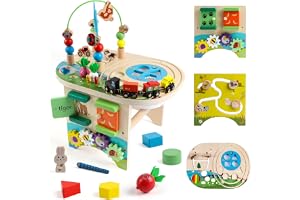 KABENFIS Trä Aktivitetsbord med Perla Maze Train Track Utbildningsleksaker för pojkar och flickor