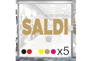 MR PUBBLICITÀ 5 pz. kit Adesivi Saldi Rimovibili per Vetrine Negozi, Vetrofania Scritte SALDI dim. 60x20 cm Stickers promozionali Allestimento Vetrine Decorate. intagliati Sfondo Prespaziati (ORO SATINATO)