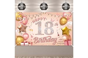 Pinenuts 18th Birthday Banner - Rose Gold Party Decorations, Photo Background Fabric Banner for Girls, 110 x 180 cm