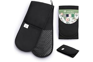 AH ARTISAN HOME Black Double Oven Gloves Heat Resistant Silicone Oven Mitts Pair | Non-Slip Silicone Oven Gloves Double Oven Mitt | Machine Washable Thick Potholders Home & Kitchen Accessories.