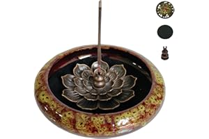 KOPYFANTAP Quemador de Incienso de Cerámica, Soporte para Incienso con Soportes de Loto de Latón y Metálico Tapa para Meditación Yoga Encimeras Decoración del Hogar, Amarillo