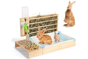 KYAOAYO Dispensador de comida para heno de conejo 4 en 1 con bandeja de plástico para gatos, inodoro, cuencos y botella de agua, combinación de alimentos para conejos, cobayas, hámsters y animales pequeños