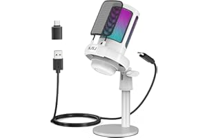 njsj RGB Micro Gaming, Microphone USB Condensateur pour PC/PS4/PS5/Mac, Microphone à Condensateur avec Muette Tactile, éclairage RVB Brillant, Bouton de Gain et Prise de Surveillance(Blanc)