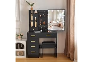 Buildonely Toaletka z lustrem i oświetleniem, 3 temperatury barwowe i regulowana jasność, toaletka z półkami, toaletka z 6 szufladami, 1 taboret, czarna, 36 x 80 x 131 cm