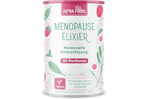‎ALPHA FOODS Menopause Elixier | 300g | Hormon Balance Pulver, nicht Kapseln | Hochdosiert Mönchspfeffer, Yamswurzel, Myo Inositol, Vitamin B6, D & Calcium | Wechseljahre Komplex | Vanille-Himbeer | Alpha Foods