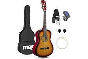 Max SoloArt Pack Guitare Classique Junior 3/4 - Sunburst, Cordes en Nylon, 8 à 12 ans, Sac de Transport, Médiators, Sangle, un Cadeau pour Enfants Idéal pour Débuter la Guitare