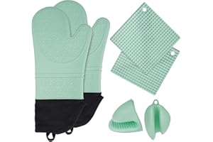 ASCHEF 6in1 Heat Resistant Silicone Oven Gloves+ Pinch Grip Pot Holders+Trivet Set, Non-slip Textured Waterproof Kitchen Mitts w/Soft Inner Lining & XL Hand-safe Sleeve for Baking Cooking Grilling Barbecue