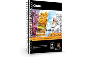 Ohuhu A4 Skizzenbuch Mischtechnik - 200g/m² säurefreies Papier (124 Seiten/62 Blatt), Spiralbindung Zeichenbuch A4 für Aquarell, Acryl & Bleistift, Sketchbook Ideal für Nass- & Trockentechniken