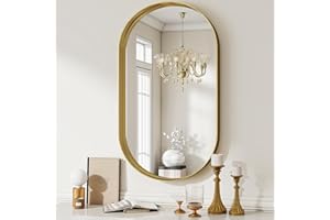 BEAUTYPEAK Miroir Mural - Ovale Noir Cadre Profond Miroir de Salle de Bain, 43x76 cm Or Cadre Ovale en Aluminium Miroir, Miroir Mural Suspendu pour Couloir, Salon, Gold Wall Mirror