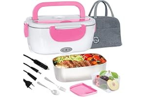 Poligono Scaldavivande Elettrico Portatile con Borsa Termica 1.5L (55W 220V), Lunch Box Portavivande Termico Elettronico Portatile in Acciaio Inox, Porta Pranzo da Ufficio e Auto, Rosa