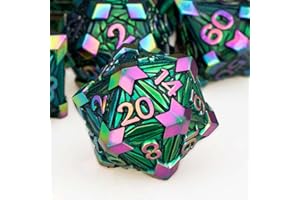 ORIFANTOU 7PCS Metal DND Dice Set with Box, Debris RPG Colorful Green D and D Dice for use with D&D Tabletop Games Role Playing Game Polyhedral Dice Set D20 D12 D10 D8 D6 D4