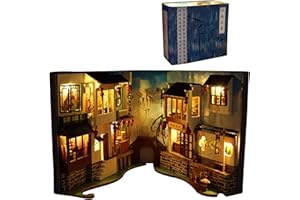 JUZINQU Book Nook Kit DIY - Book Nook Shelf Insert House - Miniature Booknook 3D Wooden Puzzle - Tiny House Bookends with LED Lights Cadeaux pour Noël Halloween