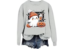 EQWIGKEIT Halloween Pullover Damen Sweatshirt Damen Ohne Kapuze Pullover Kürbisse Und Geister Drucken Langarm Rundhals Pulli Halloween Druck Festival Festlich Langarmshirt Locker Oberteil Halloween Kostüm