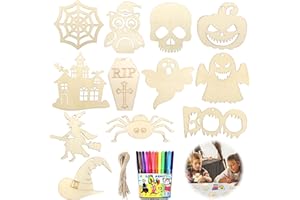 MECCTUCK Juego de manualidades de 24 piezas de Halloween para niños, manualidades para niños, 12 estilos, recortes de madera sin terminar, artesanías, adornos de madera, manualidades de cumpleaños infantiles,
