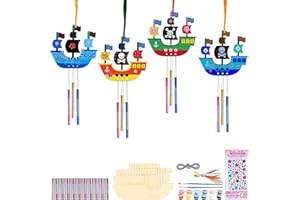Aitsite 10 Stück Windspiel Bastelset Kinder Piratenschiff Windspiel aus Holz DIY Basteln Färben Kreativsets für Mädchen Jungen Bastelset Kindergeburtstag Gartendekoration