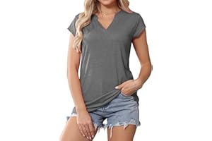Kfnire Damska koszulka z krótkim rękawem i dekoltem w serek z krótkim rękawem na lato wypoczynek na plaży