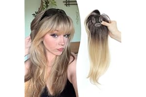 MS TAJ Clip in Fringe French 360°Bangs Hair Fringe in Clip Extensions Blonde with Dark root Hair Extensions Clip in Fringe Bangs Hair Pieces Adding Extra Hair Volume for Women