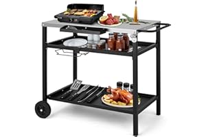 HOBBYZOO Desserte à roulettes, Chariot de Barbecue Mobile à 3 Niveaux, 97 x 51 x 83 cm, Établi en Acier Inoxydable argenté - Cuisine exterieure, Panier avec Filet, Noir