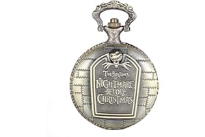 JewelryWe Retro Bronze Tim Burton's Nightmare Before Christmas Engraved Quartz Pocket Watch Necklace Locket Pendant 31" Chain