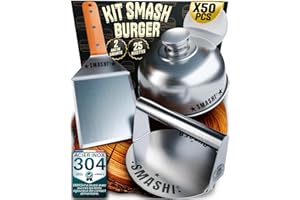 SMASHI BURGER SMASHI® Smash Burger Kit avec Ustensiles Professionnels en Acier Inoxydable 304 certifié Contact Alimentaire UE | Presse Smash Burger Anti-adhésive avec Spatules à Manche en Bois (Expert)