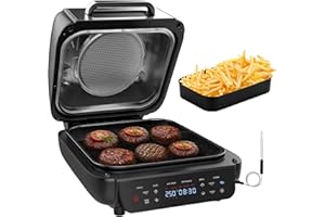 Parmedu Airfryer y Grills Eléctricos: Grill Eléctrico 12 en 1 XL 6,5L Sin Humo con Asador, Grill, Vapor, Deshidratación Hasta 250°C, 1800W, Placas Extraíbles, Termómetro Inteligente