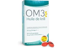 OM3 - Huile de Krill - Riche en Oméga-3, Phospholipides et Esters d’Astaxanthine -Pêche de manière durable en Antarctique - 30 capsules