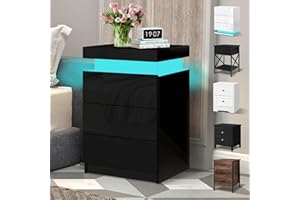 ELFORDSON LED Bedside Table with 3 Drawers and 1 Top Drawer, Bedside Cabinet with 4-side High Gloss, 16 RGB LED Colours, Side Table Nightstand for Bedroom Living Room Home Furniture, Black