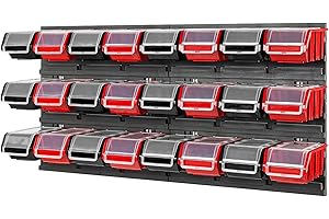 Système de rangement empilable avec couvercle Étagère murale - Lot de 24 boîtes - Murale d'atelier - Étagère coulissante - 772 x 390 cm - Noir/rouge
