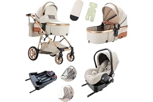 Lnhcrbs Kinderwagen 3 in 1,Kinderwagen Faltbarer Schlafkorb,Bergsteiger Kinderwagen, Verstellbarer Griff, Die Autositze Entsprechen Der ECE R129,Regenschutz Und Moskitonetz, 0-3 Jahre,Mit ISOFIX-Basis