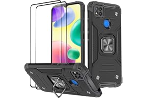 KANSi Hülle für Xiaomi Redmi 10A / Redmi 9C, Schutzfolie [2 Stück] Silikon TPU Hart PC Handy Hüllen 360 Grad Drehbar Ringhalter Bumper Stoßdämpfung Schutzhülle - Schwarz