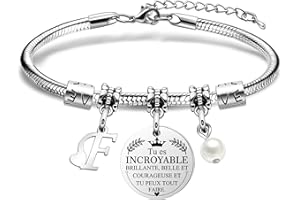 HEYEJET Bracelet Femme Lettre Initiale Personnalisé en Argent A-Z Lettre Bracelet avec Mots d'Inspiration Cadeau pour Femmes et Filles Cadeau Special pour vous Meme, pour vos Amis