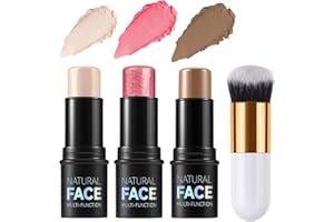 ELALRAU 3 Pack Contour Highlighter Blush Sticks with Brush, Cream Bronzer Contour Stick Kit for Cheeks Eyes Lips, Long Lasting Waterproof Smooth Multi Stick Face Makeup Set for All Skin Type (Set A)