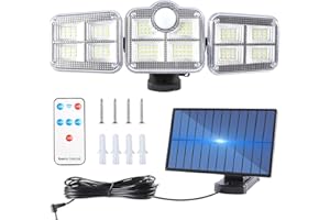 Hobubu Outdoor Solar Lights, 3 Head Adjustable Solar Motion Sensor Security Light with 122 LED, 270° Lighting Angle Range, IP65 Waterproof Solar Lights Motion Sensor with Remote Control