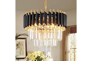 AOOCHOK Schwarzer und Gold Kristall Kronleuchter Pendelleuchte, Kleiner Modern Kristall Kronleuchter für Eingang, Korridor, Balkon, Veranda, Restaurant, Türöffnung, E27 x 3, Φ40cm