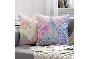 MUSOLEI 2 pezzi Unicorno Copricuscino 45X45 Bambini Velluto Sirena Copricuscino Peluche Divano Copricuscino con Federe Cerniera Ragazze, Unicorno A