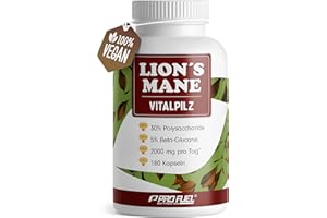‎PROFUEL Lions Mane Kapseln 180x - 2000 mg Löwenmähne Pilz-Extrakt aus Hericium erinaceus - hochwertiges Vitalpilz-Extrakt (30:1) mit 30% Polysacchariden und 5% wertvollem Beta-Glucan - Vorrat für 60 Tage