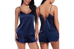 RSLOVE Damska bielizna satynowa z dekoltem w serek zestaw seksowna bielizna nocna Cami i szorty zestaw bielizny nocnej