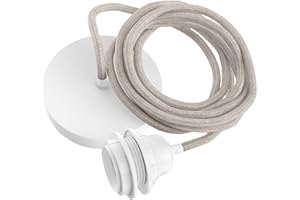 Hoopzi - Suspension Luminaire 1 Ampoule - 2,5m - Câble en Lin - Lustre pour Salon, Cuisine, Chambre - Modèle Hang 1 Lin Naturel Pavillon Blanc