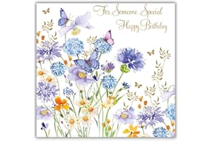 Nigel Quiney Female 'Happy Birthday' Card - 'For Someone Special' - Pretty Design with Blue Allium and Butterflies - the Pizazz Range, Multicolour