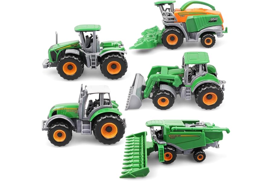 VYKOBLO 5 Pack Diecast Farm Tractor Toys - Mini Farm Vehicle Set with Combine Harvester, Forage Harvester and Trucks - Alloy with plastic parts Tractors - Christmas Birthday Gifts & Party Favors