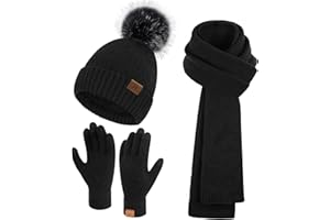 Bequemer Laden Mujer Invierno Gorro Beanie Pompon Bufanda Larga Guantes Tactiles Conjunto Tejido Gorros con Forro Polar Termico