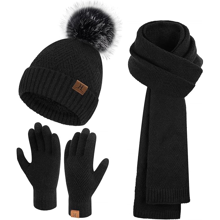 Heekpek Ensemble Echarpe Bonnet Gants Un Coffret Cadeau Hiver Écharpe Chaud Femme Pour Noel, Noir
