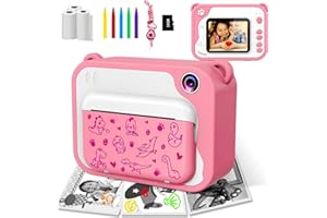 Uleway Appareil Photo numérique, Impression instantanée 1080p 2.4" Noir et Blanc avec Carte mémoire 32 Go,3 Rouleaux de Papier d'impression,5 Couleurs,Stylo Pinceau - Cadeau pour Enfants