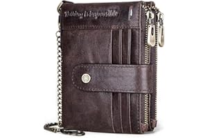 REETEE Męski portfel y blokadą RFID, z prawdziwej skóry, wąski portfel dla mężczyzn z łańcuszkiem, składany portfel skórzany, 19 etui na karty kredytowe i kieszeń na monety na zamek błyskawiczny,