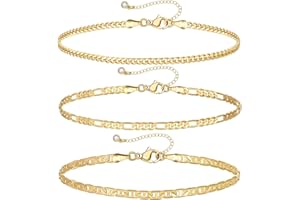 KissYan Gold Layered Ankle Bracelets for Women, Dainty 14K Gold Plated Layering Anklets Set Adjustable Trendy Cuban Link Snake Tennis Figaro Chain Ankles Summer Beach Foot Jewelry Gifts for Women