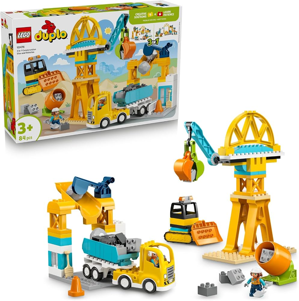 LEGO DUPLO Kasabası 3'ü 1 Arada İnşaat Sahası ve Araçları 10476 | 3 Yaş ve Üzeri Kız ve Erkek Çocuklar için 2 Figür İçeren Eğitici Oyuncak Yapım Seti, Doğum Günü Hediyesi, 84 Parça
