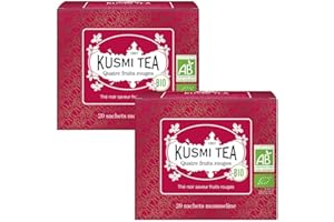 Kusmi Tea - Quatre Fruits Rouge Bio - Lot de 2 boîtes - Thé Noir Biologique, Aromatisé aux Fraises, Framboises, Groseilles et Cerises - Thé Caféiné - 2x20 Sachets