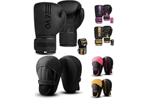 EVO Fitness Matte Black Boxing Gloves and Pads Set Punching Focus Mitts Hook and Jab Hand Target Strike Shield Training Sparring MMA Martial Arts Muay Thai Kickboxing Karate Men Women